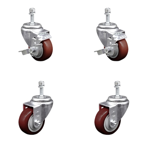 Service Caster 3.5 Inch SS Maroon Polyurethane Swivel 10mm Threaded Stem Caster Brake, 2PK SSTS20S3514-PPUB-MRN-TLB-M1015-2-S-2 - main